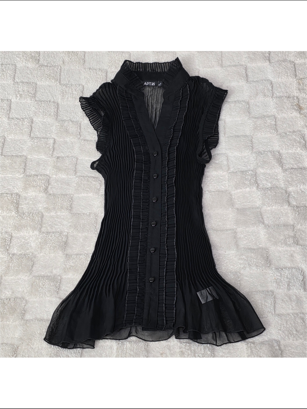 Apt. 9 Plisse Mesh + Ruffles Sheer Sleeveless Button Down Black Size Medium